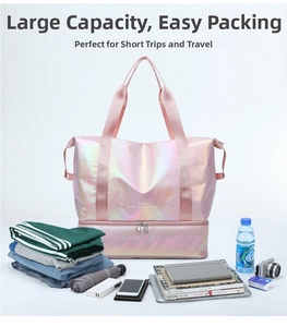 Pink holographic travel bag featuring extra large storage and dry wet separation layers