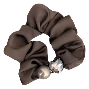 Brown silky scrunchie with pearl and crystal heart pendant for ponytail styling