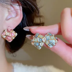 Elegant gold plated rhombus stud earrings with colorful mosaic patterns and crystals
