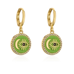 Detail of 18K gold-plated eye and moon earrings with green enamel and zircons