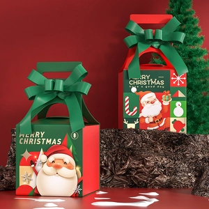 Christmas Gift Boxes Cardboard Handheld Packaging For Candy Gifts With Ribbon Bow Cartoon Santa Pattern Holiday Favor