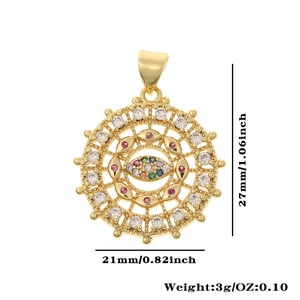 Detail view of gold evil eye pendant with colorful zircon stones and size measurements