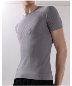 Men's grey athletic T-shirt showing breathable ribbed fabric texture and side fit detail