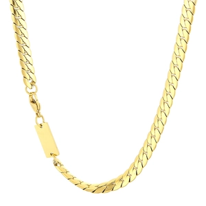 Gold Cuban link chain necklace with rectangular tag and lobster clasp on white background