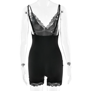 Detail showing delicate lace trim on V-neckline of black adjustable bodycon bodysuit