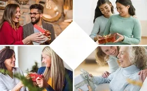 Lifestyle gift scenes showing branded packaging for partners, family, and friends