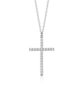 Macro detail of silver cross pendant with micro-paved cubic zirconia stones