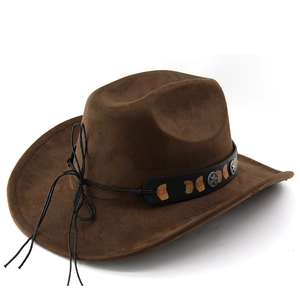 Macro detail of dark brown faux suede cowboy hat with metallic moon and star ornaments