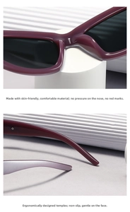Detail view of ergonomic dark purple sunglasses frame with skin-friendly materials