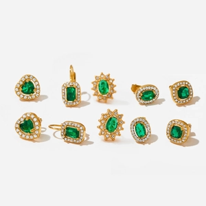 Luxury gold-plated emerald green zircon earrings set with five elegant crystal designs