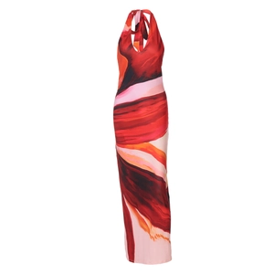 Sleeveless halter neck long dress with vibrant red and orange abstract art print