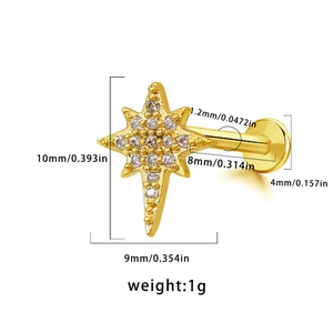 Gold star lip stud piercing with white crystals and size specifications on white background