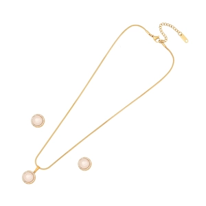 Elegant gold stainless steel jewelry set with pink faux pearls and crystal halos