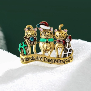 Christmas Cat Brooch Alloy Enamel Rhinestone Friends Are Greatest Gift Jewelry For Women Festive Holiday Accessory