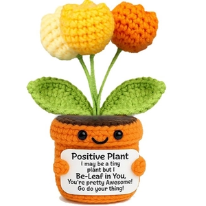 Handmade crochet positive tulip plant in cartoon pot with motivational message card