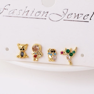 Golden stud earring set featuring cute animal and cartoon characters with zircon stones