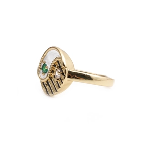 Artistic gold-plated ring with green zircon, mother of pearl and black enamel detail