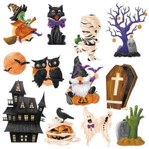 Detail of watercolor Halloween magnets featuring witch, ghost, pumpkin, and bat designs