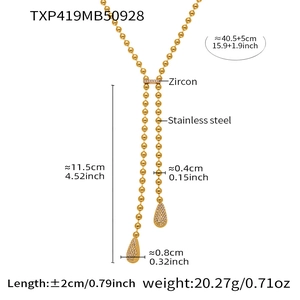 Technical diagram of 18k gold plated Y-necklace with zircon drop and sizing details