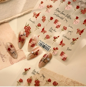 Detail of TS-4242 French red rose nail stickers with black bows and rose love letter text