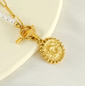 Stainless Steel Initial Pendant Necklace With Artificial Pearl And Paperclip Chain OT Toggle Clasp Jewelry For Women