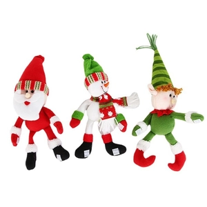 Three-piece Christmas wine bottle covers featuring Santa, Snowman and Elf plush designs