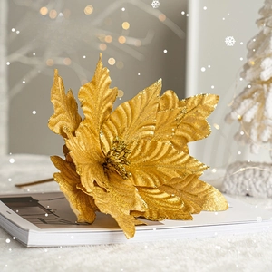 Sparkling gold artificial Christmas flower with sequins for festive tree decoration
