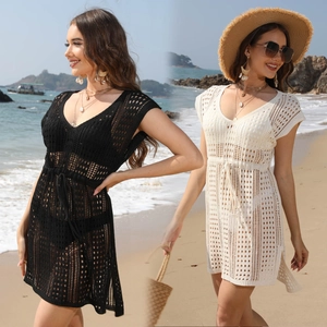 Salida De Baño De Ganchillo Para Playa Punto Hueco Cuello En V Cordón Ajustable Bikini Cover Up Vestido Verano