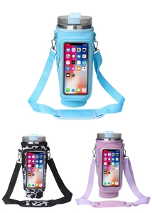 Water bottle carrier bag with transparent touchscreen phone pocket and adjustable strap