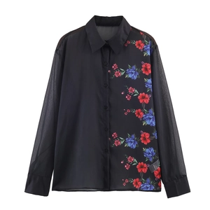 Camicetta In Chiffon Da Donna Trasparente Stampa Floreale Maniche Lunghe Camicia Con Bottoni Allentata Colletto Casual