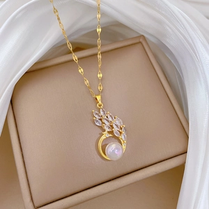 Elegant titanium steel peacock necklace with crystal inlay and pearl drop pendant