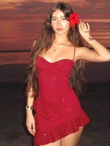 Red Sequin Mini Dress Spaghetti Strap Ruffle Hem Slim Fit Sexy Party Nightclub Cocktail Sleeveless Summer Evening