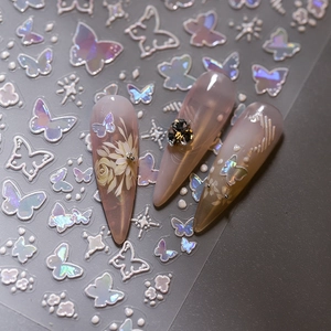 Iridescent laser butterfly nail stickers with 3D embossed stars and clouds decor
