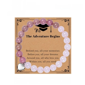 Pink natural agate crystal beaded bracelet with heart pendant on graduation gift card