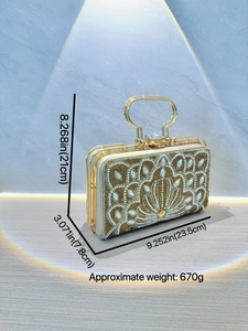Luxury champagne gold evening bag with pearls and rhinestones in fan-shaped patterns