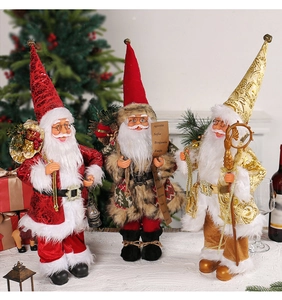 Detailed view of three standing Santa figures with luxury fabric outfits and festive props