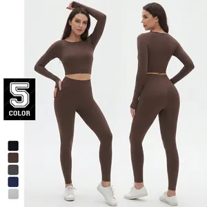 Ensemble de Yoga Sans Couture pour Femmes Fesses Plissées Haut à Manches Longues et Leggings Taille Haute Tenue de Sport Fitness