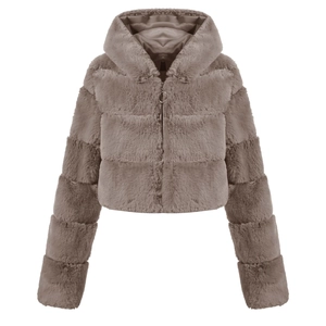 Detailed close-up of brown faux fur texture and zipper on hooded short coat jacket