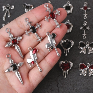 Gothic style silver alloy heart and cross pendants with red jewels for DIY jewelry