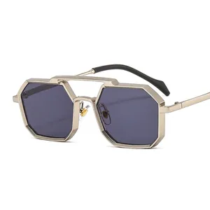 Punk style polygonal gold metal sunglasses with dark purple lenses for men and women