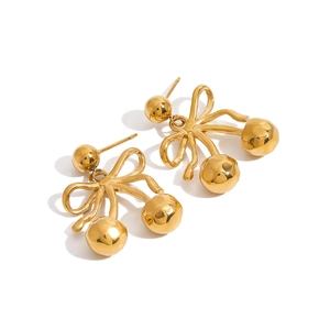 Elegant gold bow and cherry drop earrings in polished stainless steel for women