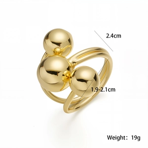 Detailed view of 18K gold plated triple ball ring with precise dimension measurements