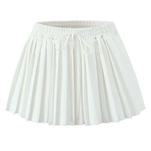 Detail view of a white pleated mini skirt featuring a drawstring elastic waistband