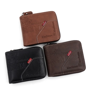 Three-color men's short zipper wallets in black, dark and light brown leather with stitching
