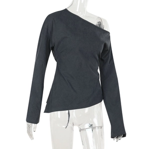 Close-up of dark grey knit texture and off-the-shoulder neckline detail on the top