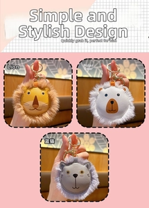 Detail of plush animal keychains featuring leather lion, bear and cat designs