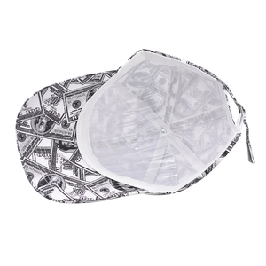 Detail view of the baseball cap's internal stitching and money print with shape protector