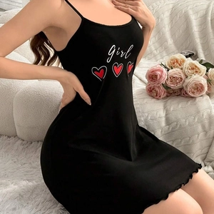 Black slip dress for women featuring girl print and ruffled hem for casual wear