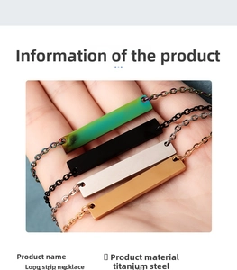 Detail view showing four polished 35mm stainless steel blank bar pendants in various colors