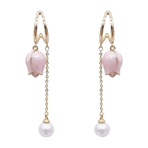 Pink tulip tassel earrings with gold chains and white pearls for elegant women